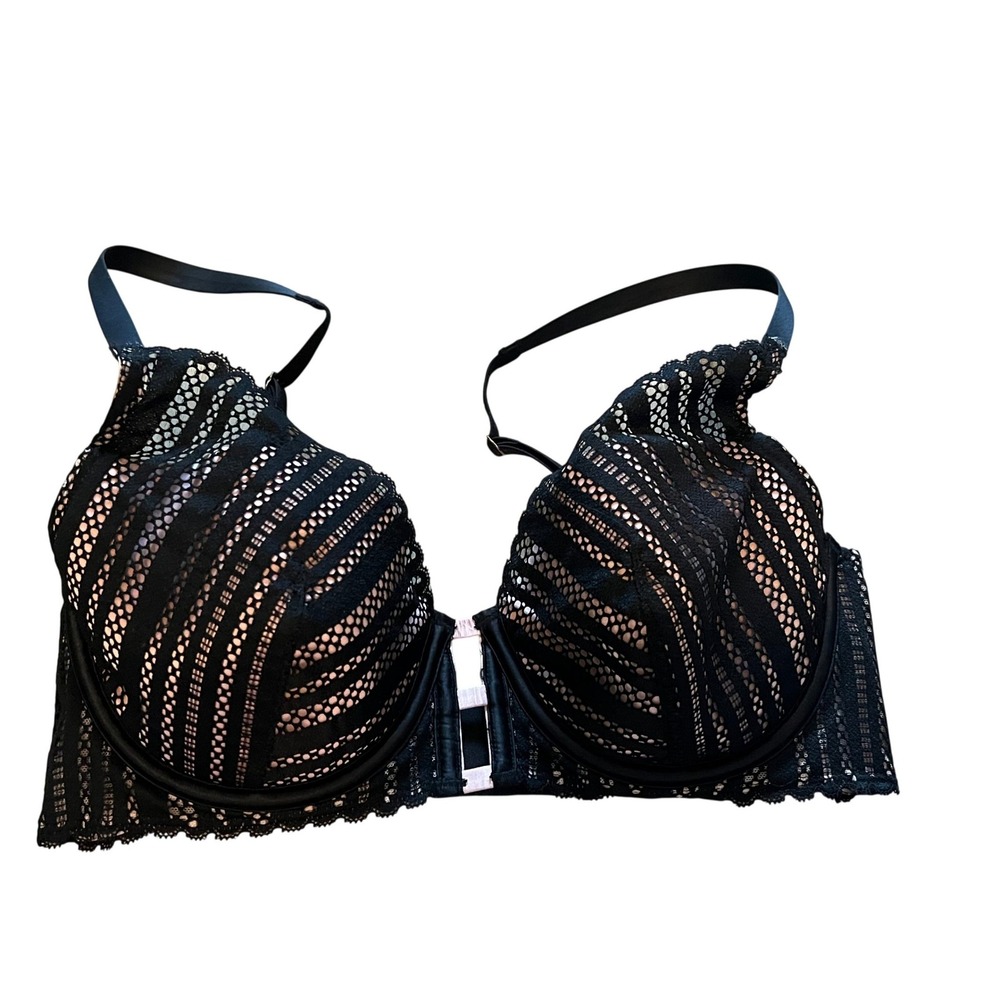 Victoria's Secret Black Pink Lace Underwire Plunge Bra 34Dā Padded 4629